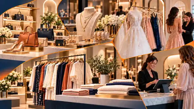 Specialty retail collage featuring accessories, jewelry, bridal and formalwear, apparel, and a modern retail checkout